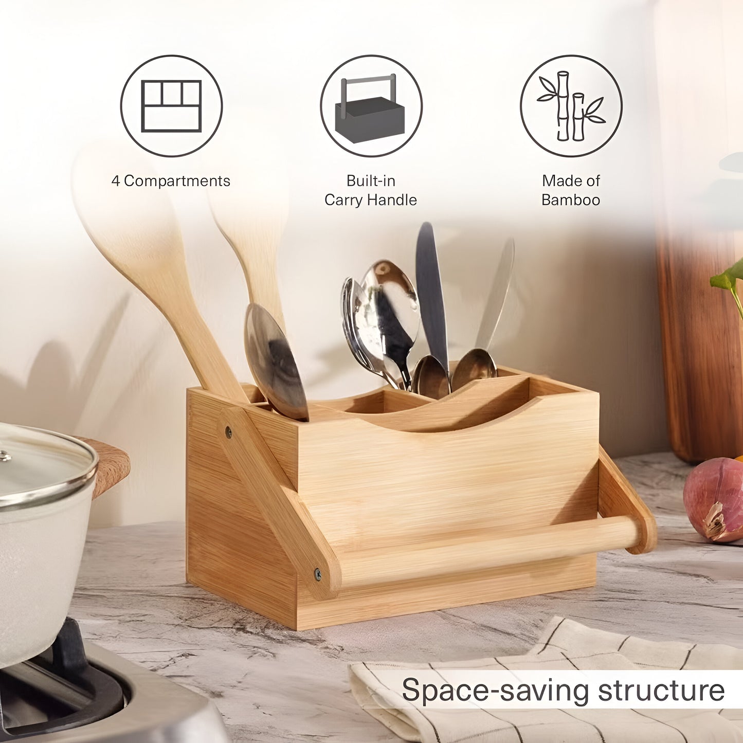 Grove Bamboo Cutlery Caddy Portable, 4 Compartments