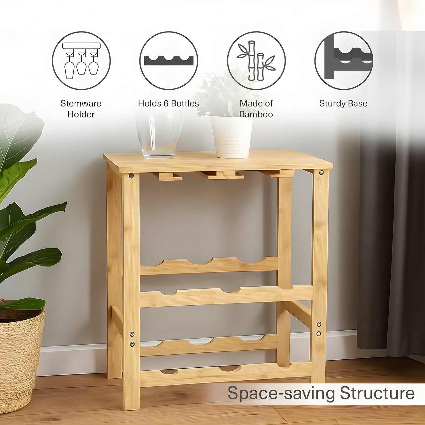 Vino Bamboo Bottle Rack Stand 6-Bottle, Stemware Holder