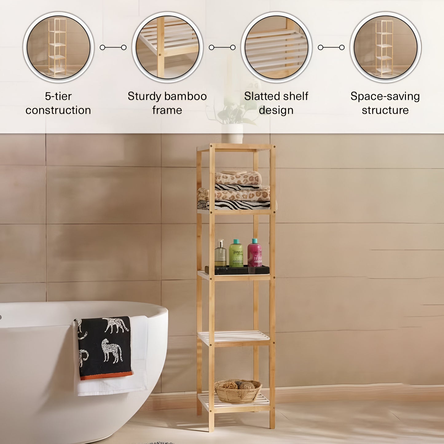 Koto 5-Tier Bamboo Bath Shelf Natural, Space Saving