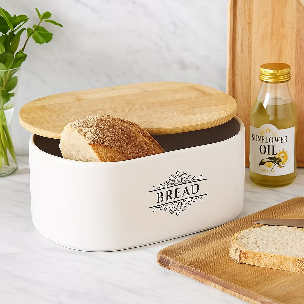 White Ceramic Bread Storage with Wooden Lid