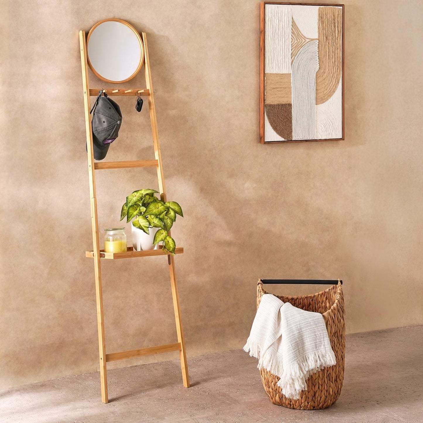 Multifunctional Bamboo Wall Shelf with Mirror and Hooks