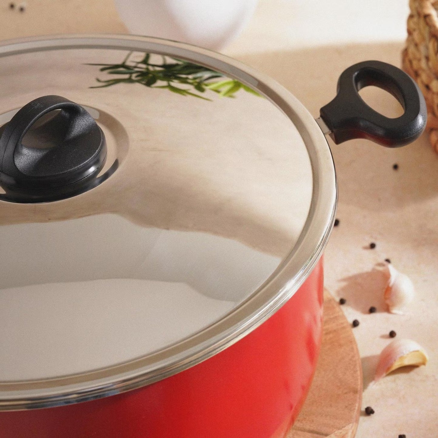 Non Stick Red Cooking Pot with Stainless Steel Lid, 30cm