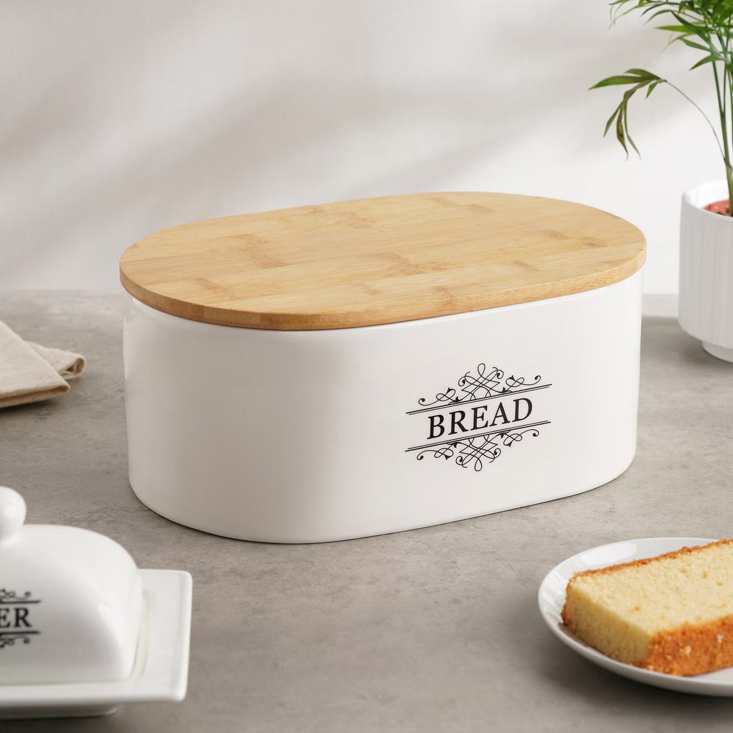 White Ceramic Bread Storage with Wooden Lid