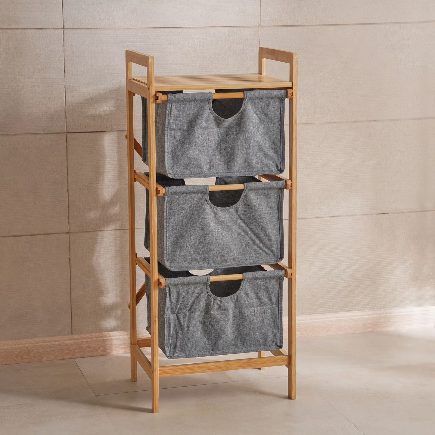 3-Tier Bamboo Bathroom Storage with Fabric Drawers, Natural & Grey