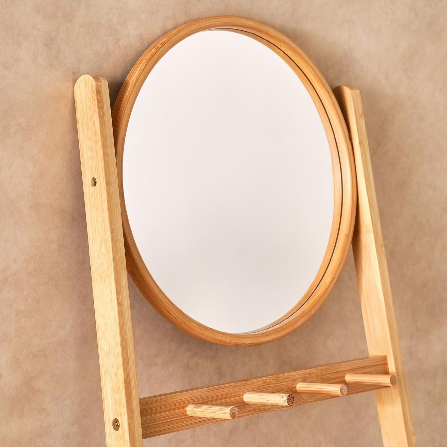 Multifunctional Bamboo Wall Shelf with Mirror and Hooks