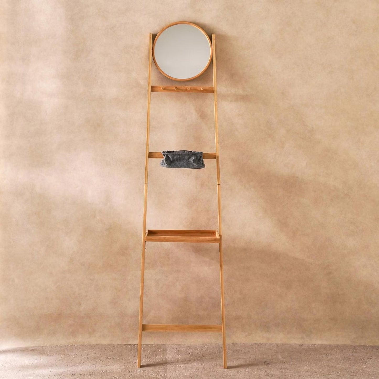 Multifunctional Bamboo Wall Shelf with Mirror and Hooks