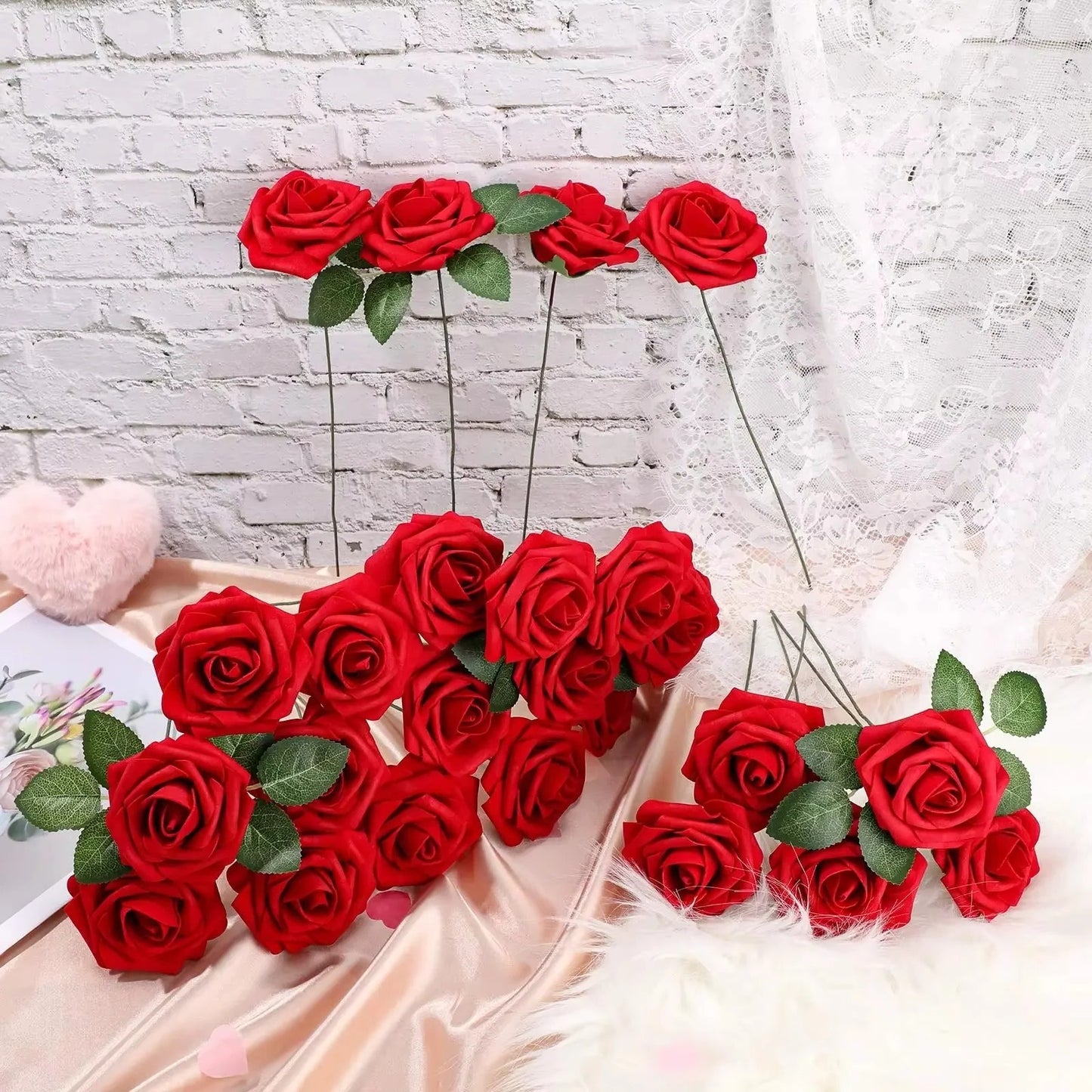 Artificial Red Roses with Stems – Realistic Decorative Set