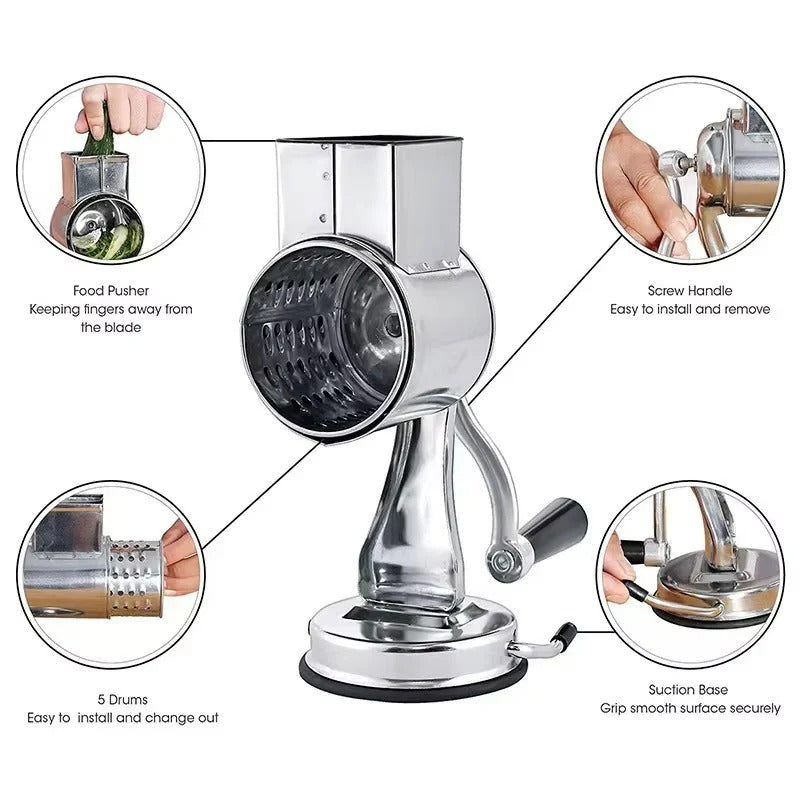 Rotary Vegetable Grater – 5 Blade Manual Slicer Shredder