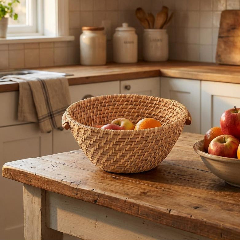 Palmora Round Rattan Basket Natural, Carry Handle