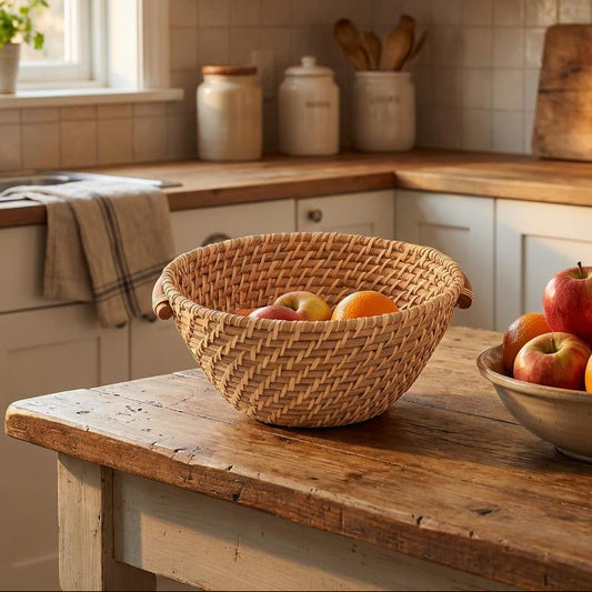 Palmora Round Rattan Basket Natural, Carry Handle