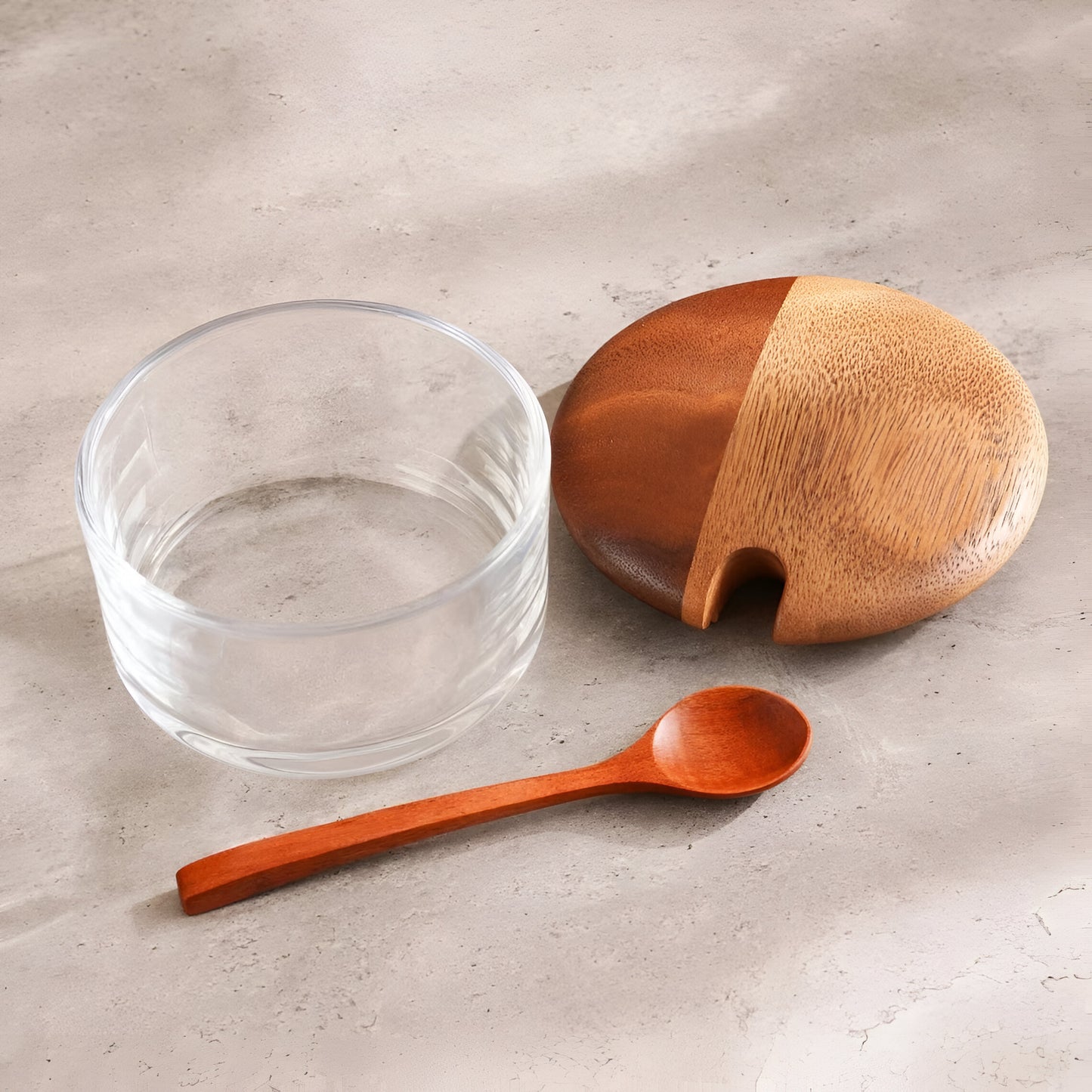 Arbor Glass Condiment Jar Set w/ Spoons, Wood Stand