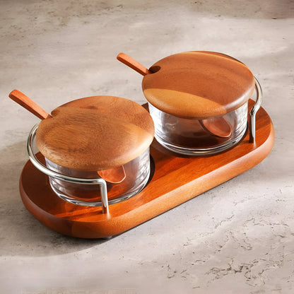 Arbor Glass Condiment Jar Set w/ Spoons, Wood Stand