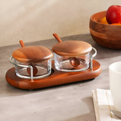 Arbor Glass Condiment Jar Set w/ Spoons, Wood Stand