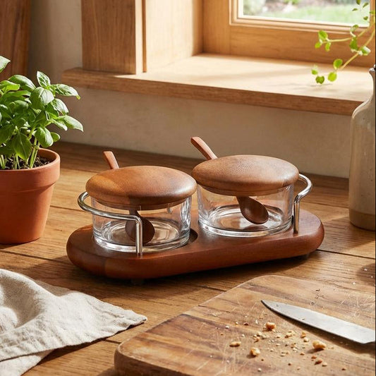 Arbor Glass Condiment Jar Set w/ Spoons, Wood Stand