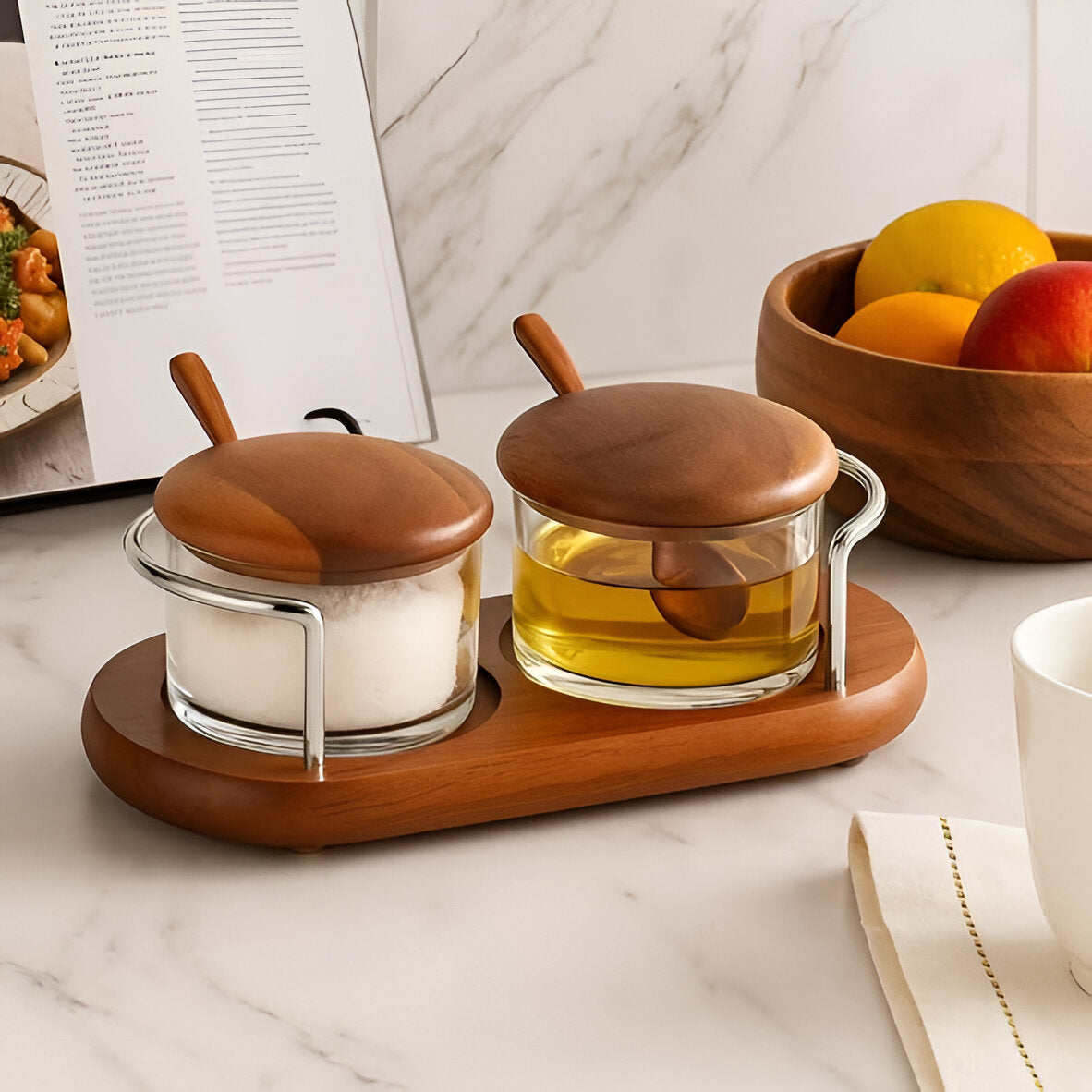 Arbor Glass Condiment Jar Set w/ Spoons, Wood Stand