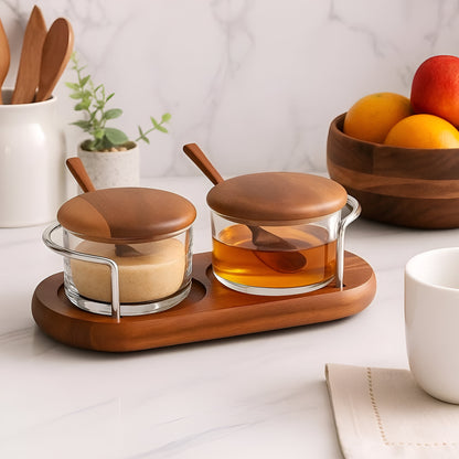 Arbor Glass Condiment Jar Set w/ Spoons, Wood Stand