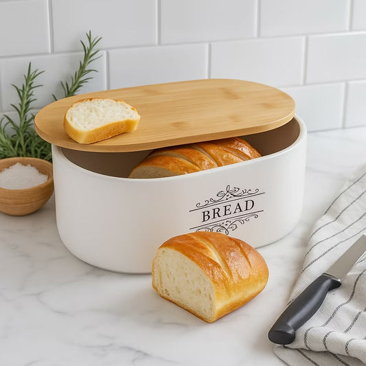 White Ceramic Bread Storage with Wooden Lid
