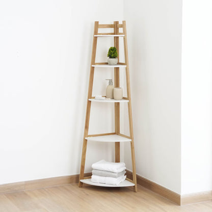 5-Tier Wooden Bathroom Corner Shelf, Natural Finish