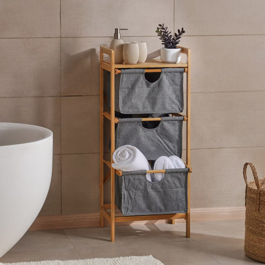3-Tier Bamboo Bathroom Storage with Fabric Drawers, Natural & Grey