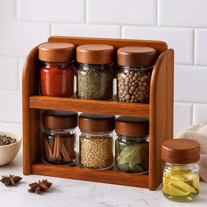 6-Piece Acacia Spice Jar Set with 2-Tier Wooden Stand, Natural Finish