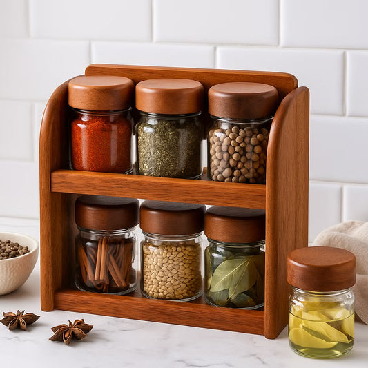 6-Piece Acacia Spice Jar Set with 2-Tier Wooden Stand, Natural Finish
