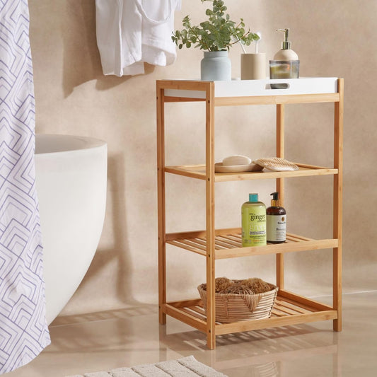 4-Tier Bamboo Bathroom Rack with Removable Tray, Natural Finish