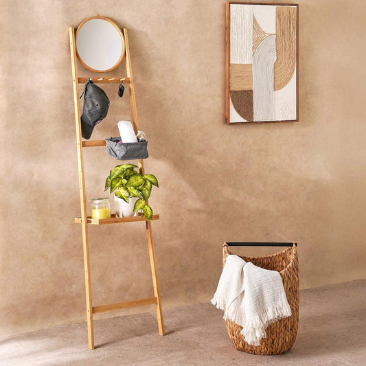 Multifunctional Bamboo Wall Shelf with Mirror and Hooks