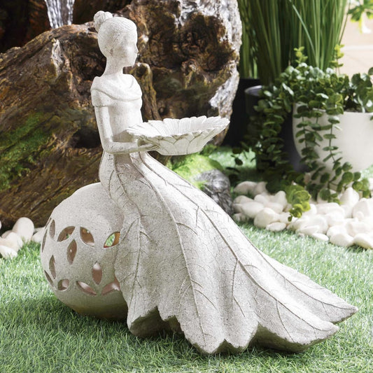 Resin Sitting Garden Lady Figurine with LED Light, Light Grey