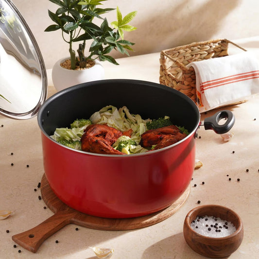 Non Stick Red Cooking Pot with Stainless Steel Lid, 30cm