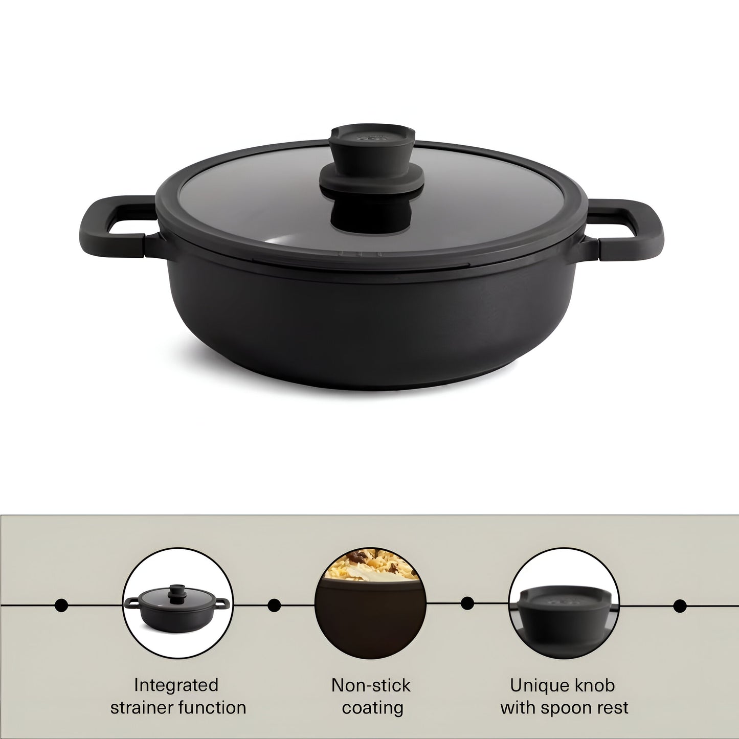 Onyx Ceramic Cooking Pot Non-Stick, Straining Lid