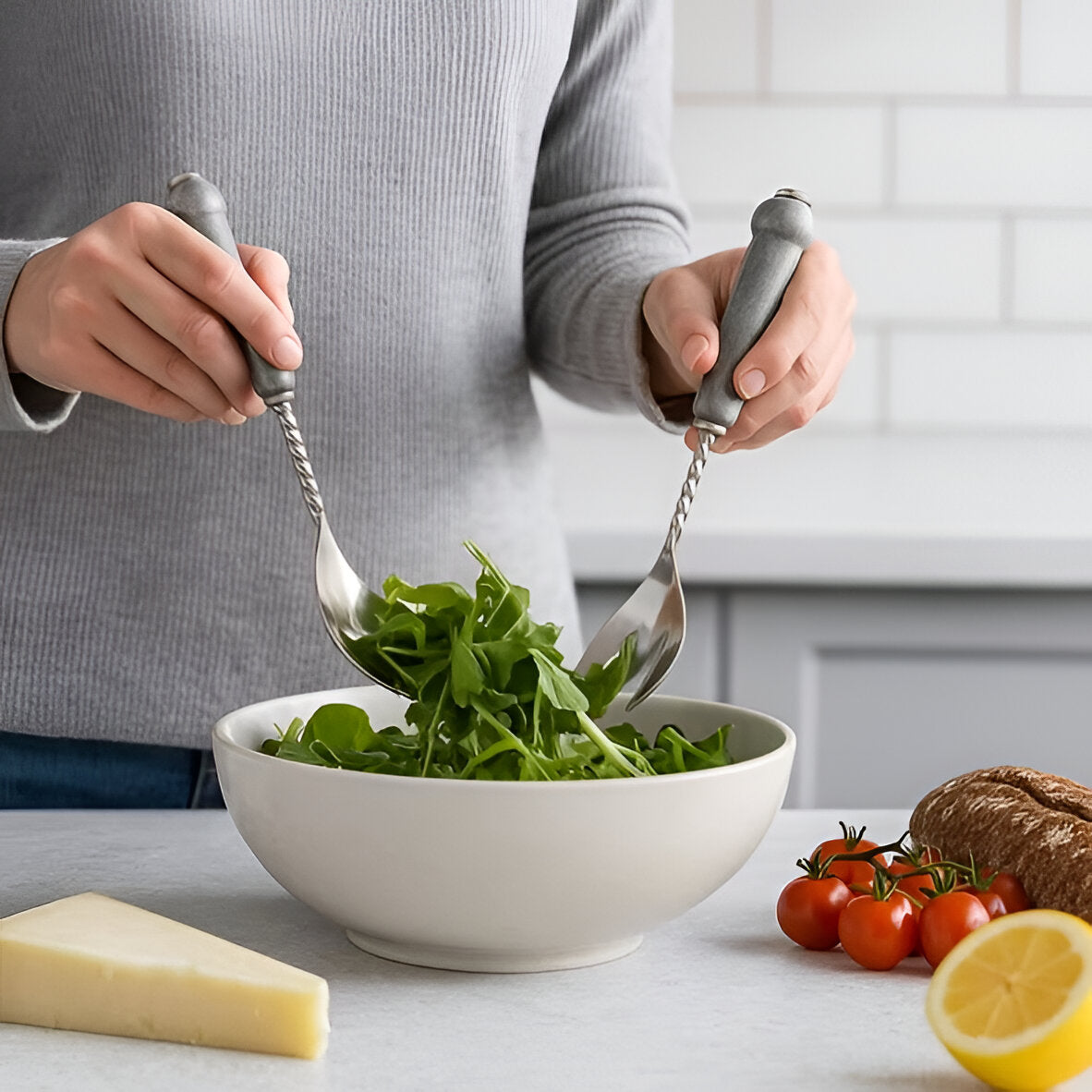Lithos Marble Salad Serving Set Gray, Stainless Steel