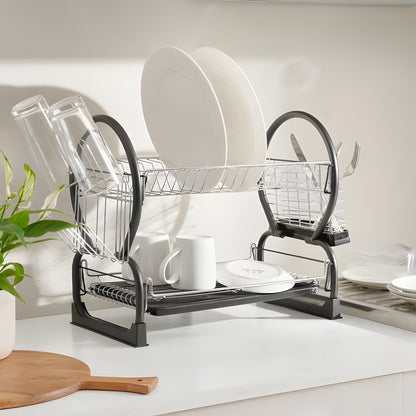 Draven 2-Tier Dish Rack Black Metal, Removable Tray