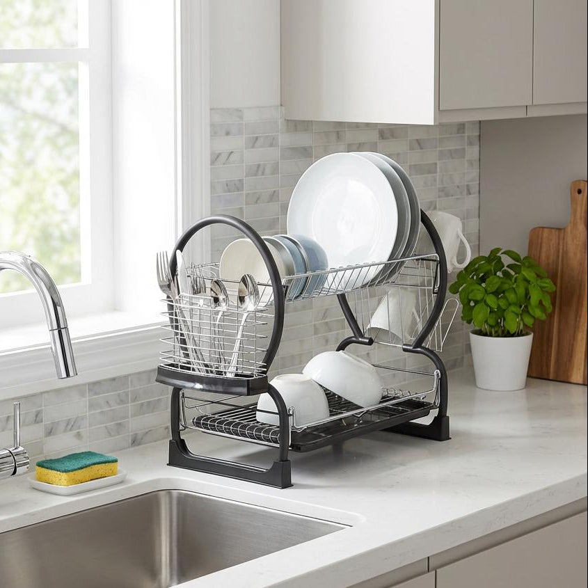 Draven 2-Tier Dish Rack Black Metal, Removable Tray