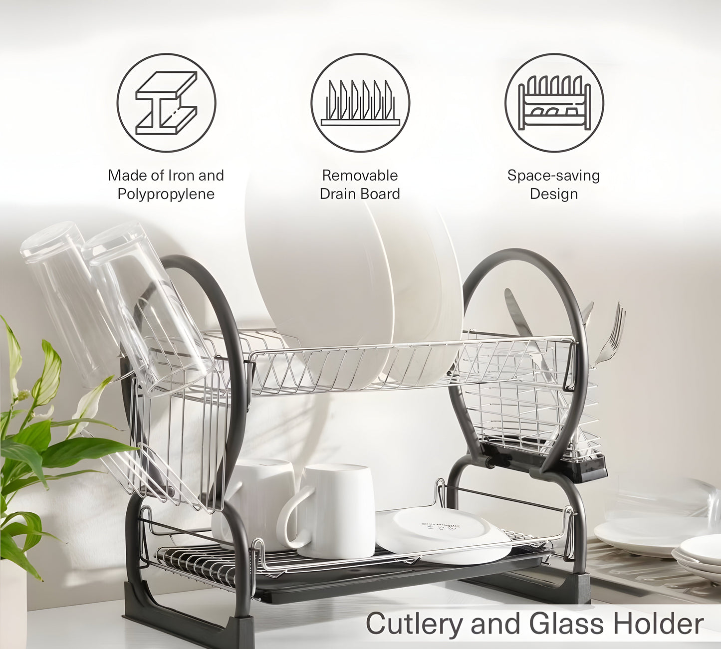 Draven 2-Tier Dish Rack Black Metal, Removable Tray