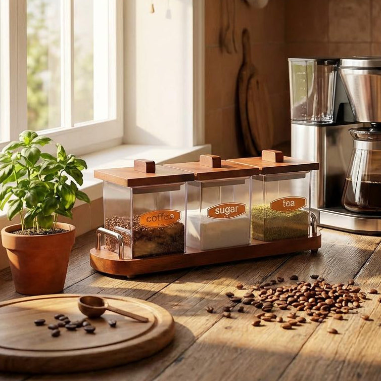 Arbor 3-Piece Canister Set Glass, Acacia Wood Stand