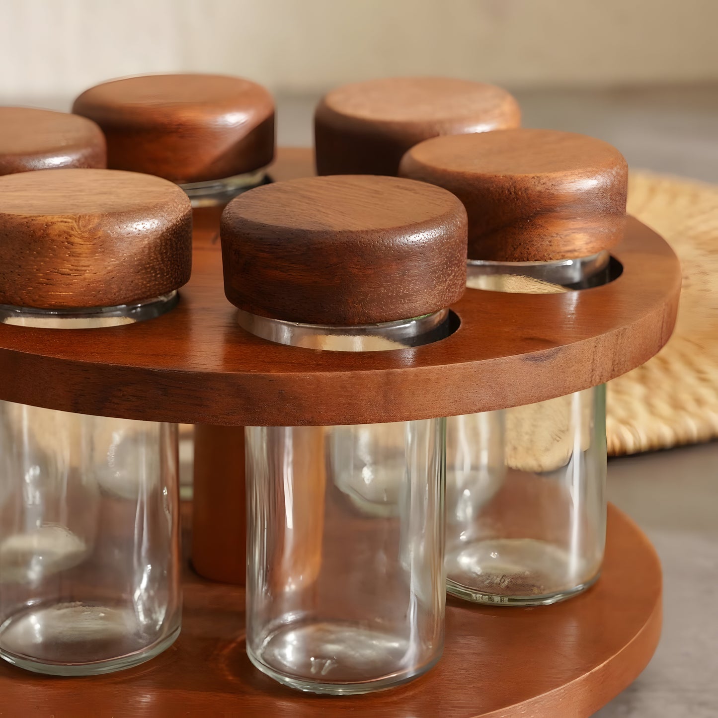 Arbor Acacia Wood Rotating Spice Rack, 6 Glass Jars