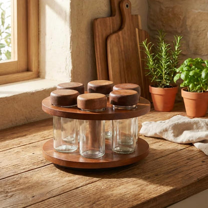 Arbor Acacia Wood Rotating Spice Rack, 6 Glass Jars