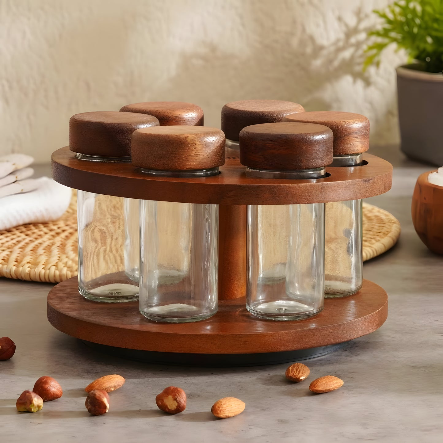 Arbor Acacia Wood Rotating Spice Rack, 6 Glass Jars