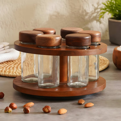 Arbor Acacia Wood Rotating Spice Rack, 6 Glass Jars