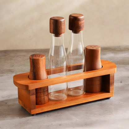 Arbor Glass Cruet Set 5-Piece, Acacia Wood Stand