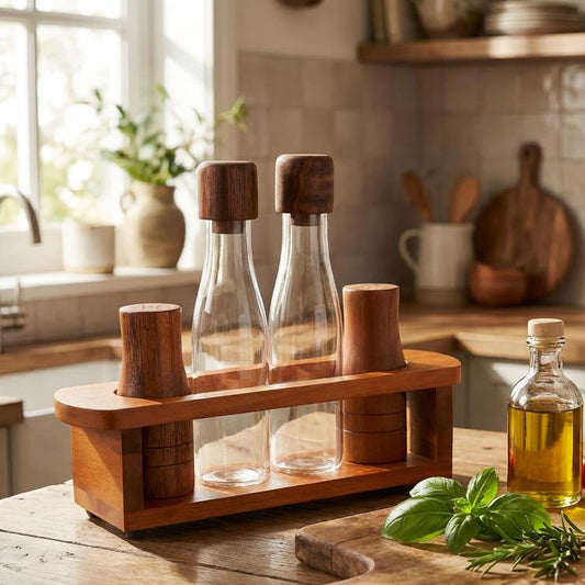 Arbor Glass Cruet Set 5-Piece, Acacia Wood Stand