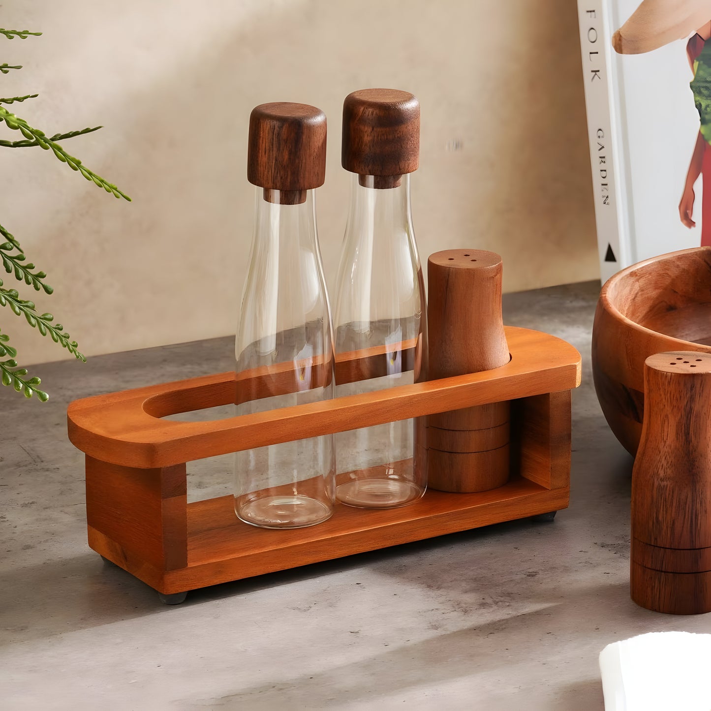 Arbor Glass Cruet Set 5-Piece, Acacia Wood Stand