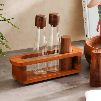 Arbor Glass Cruet Set 5-Piece, Acacia Wood Stand