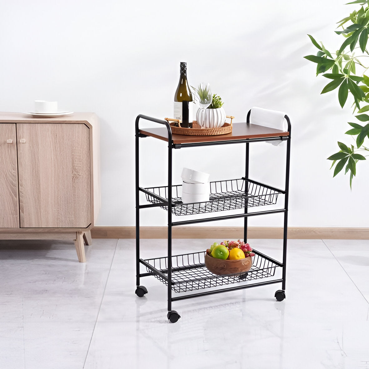 Mobila 3-Tier Kitchen Trolley Black, Wooden Top