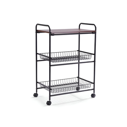 Mobila 3-Tier Kitchen Trolley Black, Wooden Top