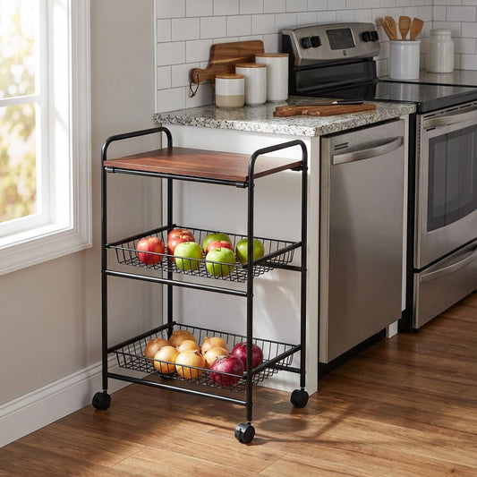 Mobila 3-Tier Kitchen Trolley Black, Wooden Top