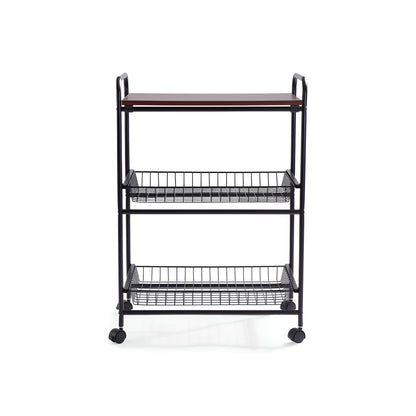 Mobila 3-Tier Kitchen Trolley Black, Wooden Top