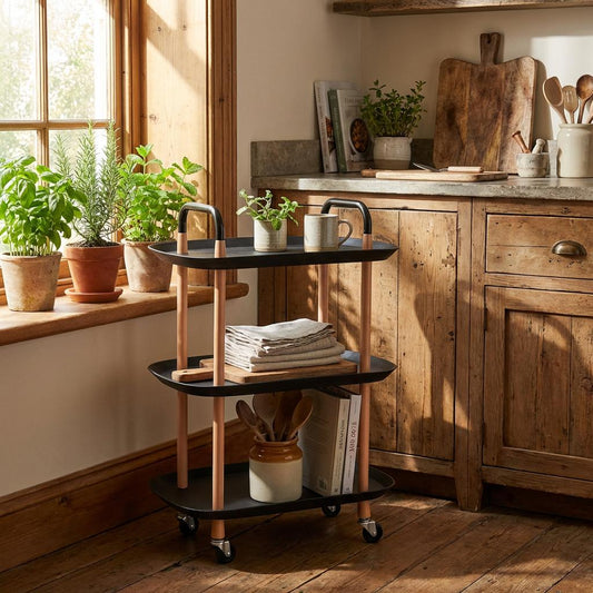 Vesta 3-Tier Kitchen Trolley Black, Locking Wheels