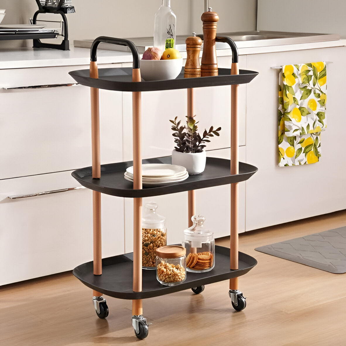 Vesta 3-Tier Kitchen Trolley Black, Locking Wheels