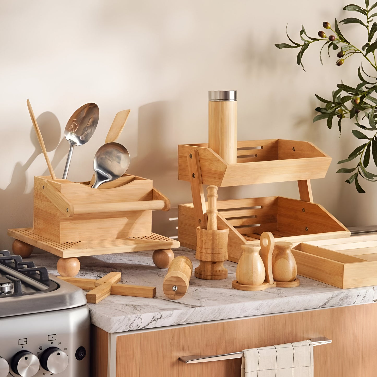 Grove Bamboo Cutlery Caddy Portable, 4 Compartments